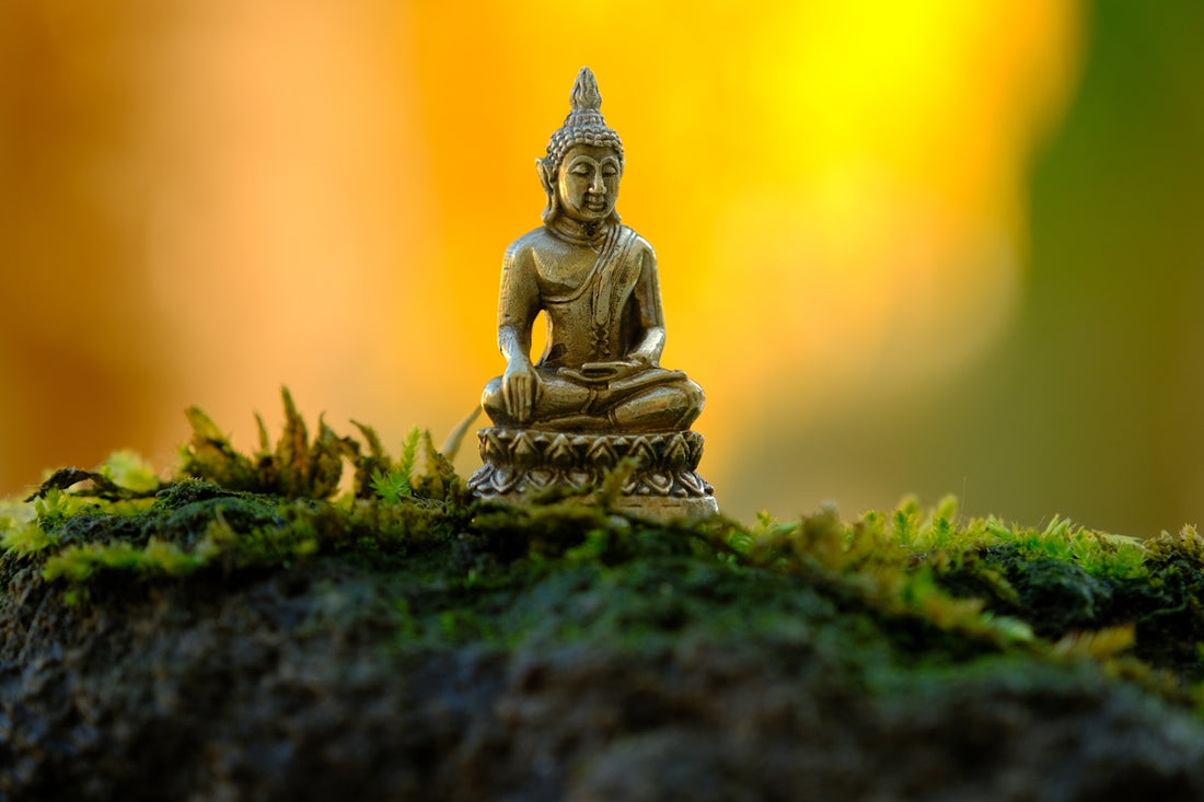 a small buddha statue sitting on top of a moss covered rock