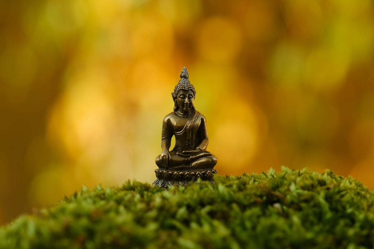 a small buddha statue sitting on top of a moss covered hill