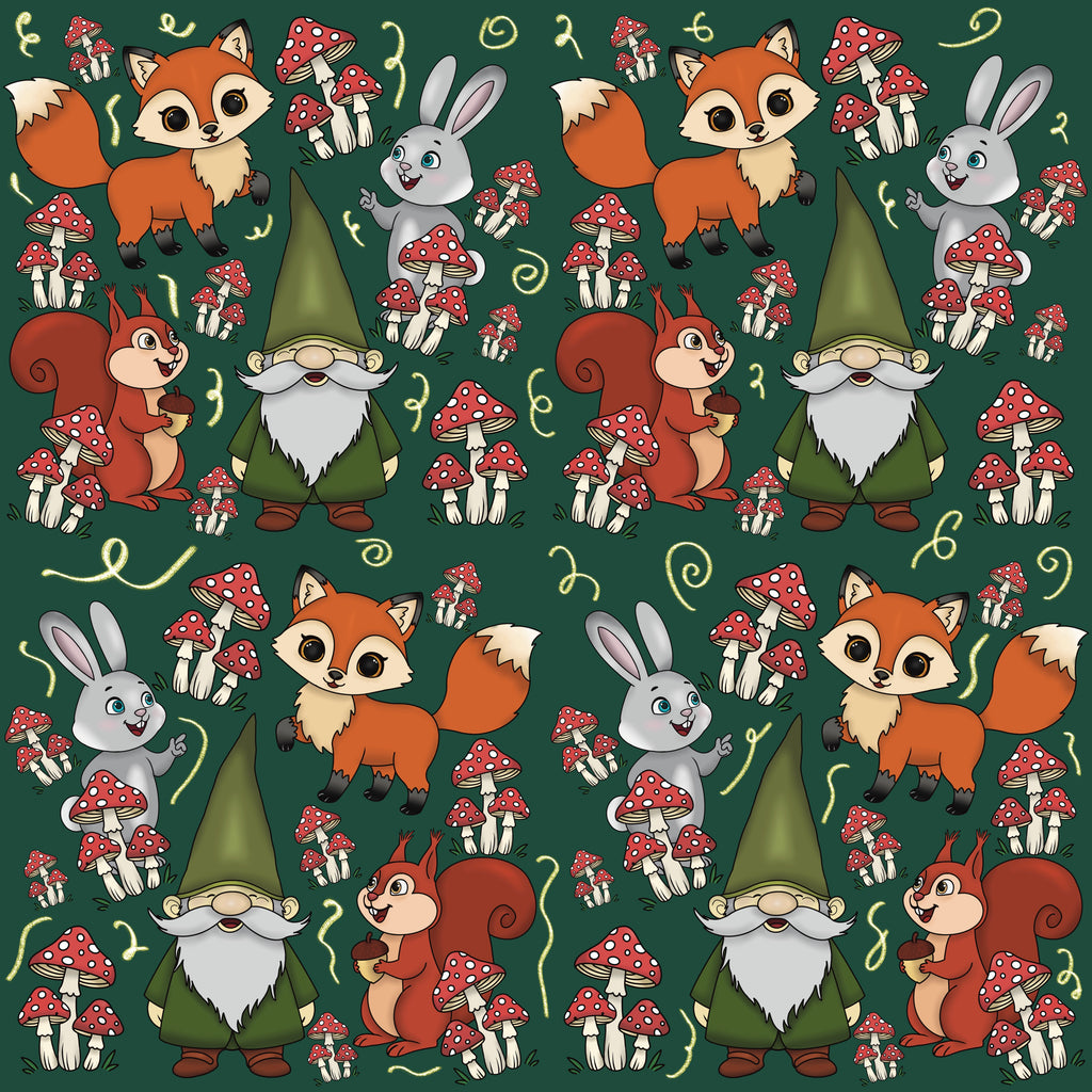Whimsical Woodland Gnome & Forest Friends Seamless Pattern | Cute Fox, Bunny, Squirrel, Mushroom Digital Paper