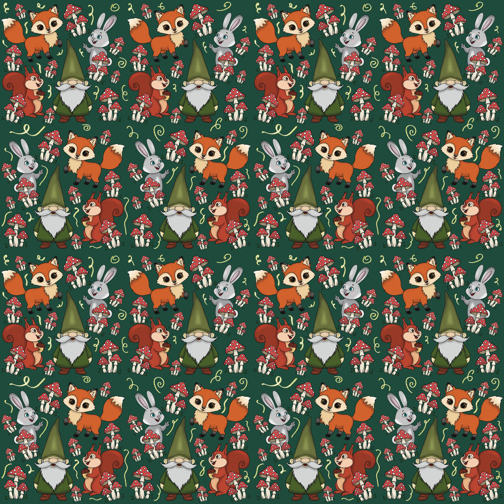 Whimsical Woodland Gnome & Forest Friends Seamless Pattern | Cute Fox, Bunny, Squirrel, Mushroom Digital Paper
