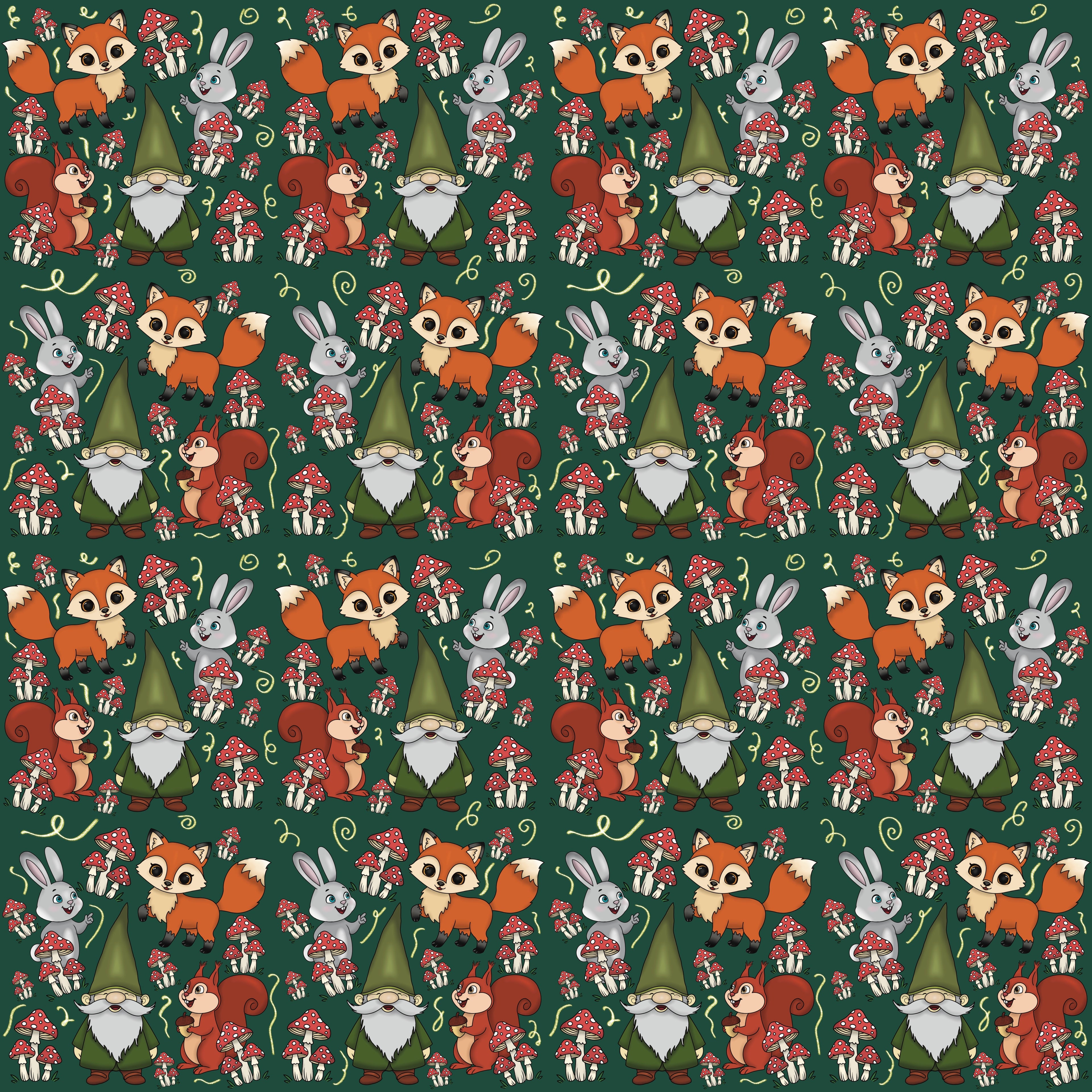 Whimsical Woodland Gnome & Forest Friends Seamless Pattern | Cute Fox, Bunny, Squirrel, Mushroom Digital Paper