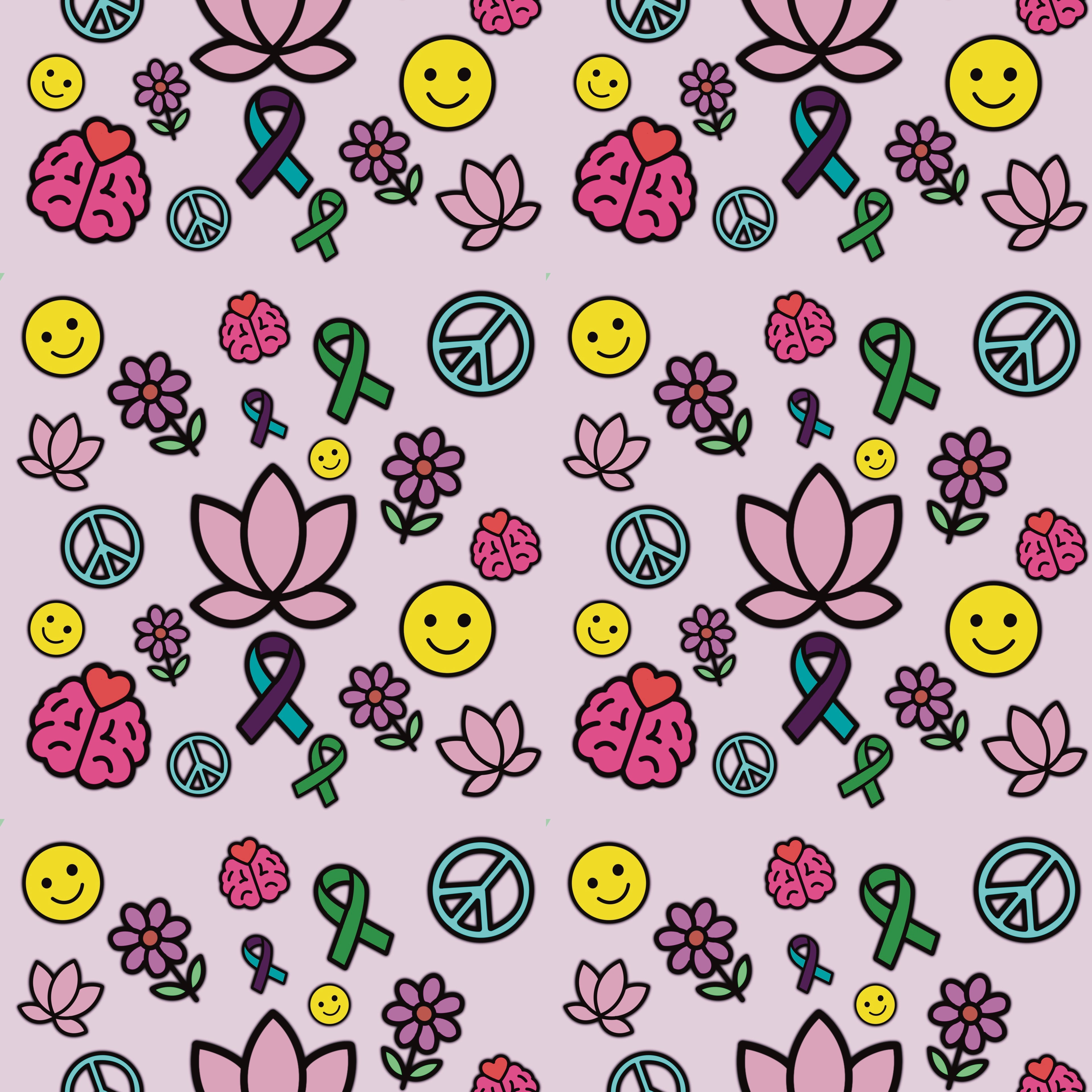 Mental Health Awareness Seamless Pattern | Digital Download | Positivity & Self-Care Clipart | Lotus, Ribbons, Peace, Smiley, Brain, Flowers