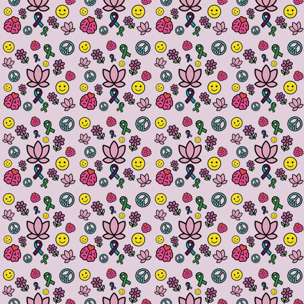 Mental Health Awareness Seamless Pattern | Digital Download | Positivity & Self-Care Clipart | Lotus, Ribbons, Peace, Smiley, Brain, Flowers