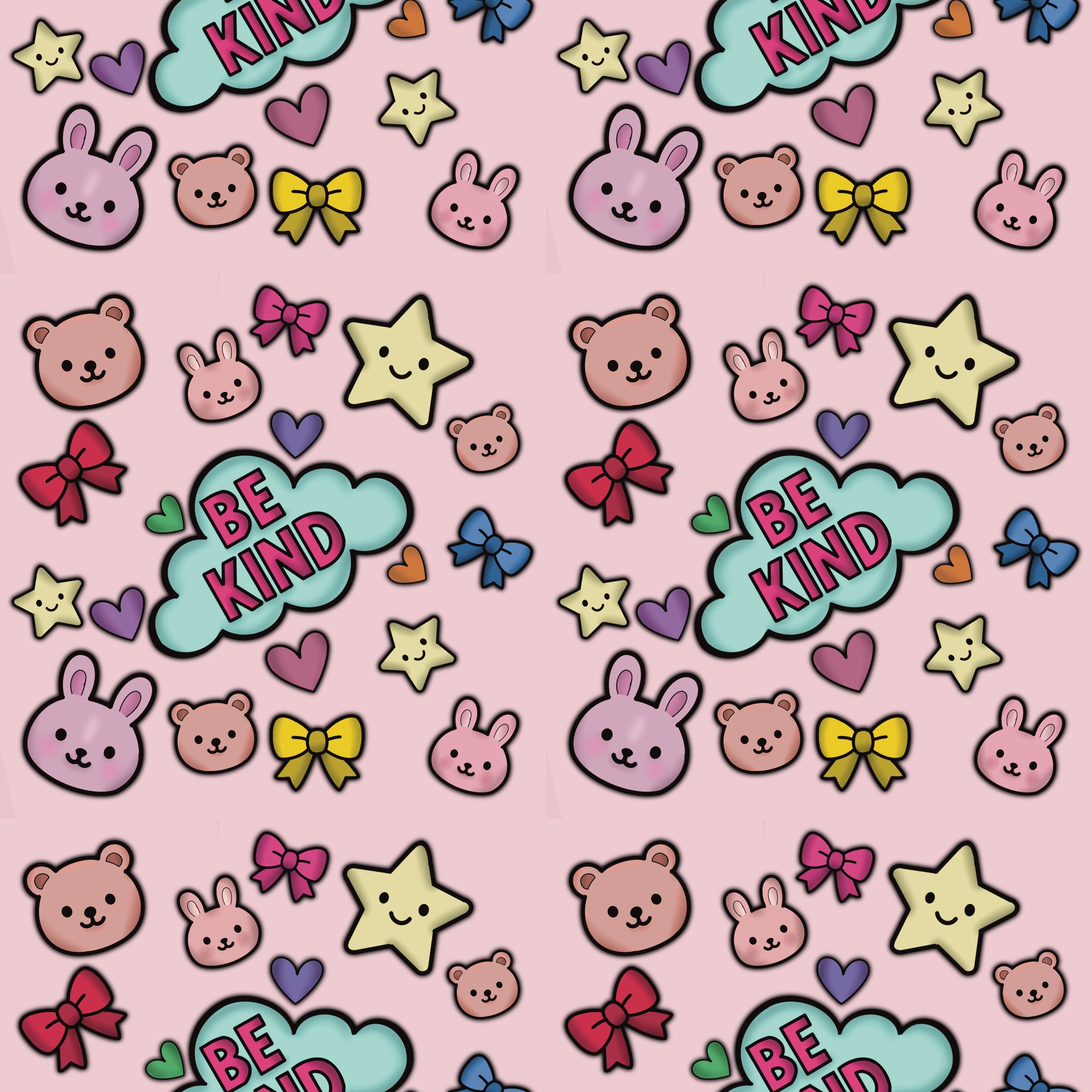Be Kind Kawaii Digital Pattern – Cute Bears, Bunnies, Stars & Bows | Positive Printable Seamless Design | Mental Health, Scrapbooking, Craft