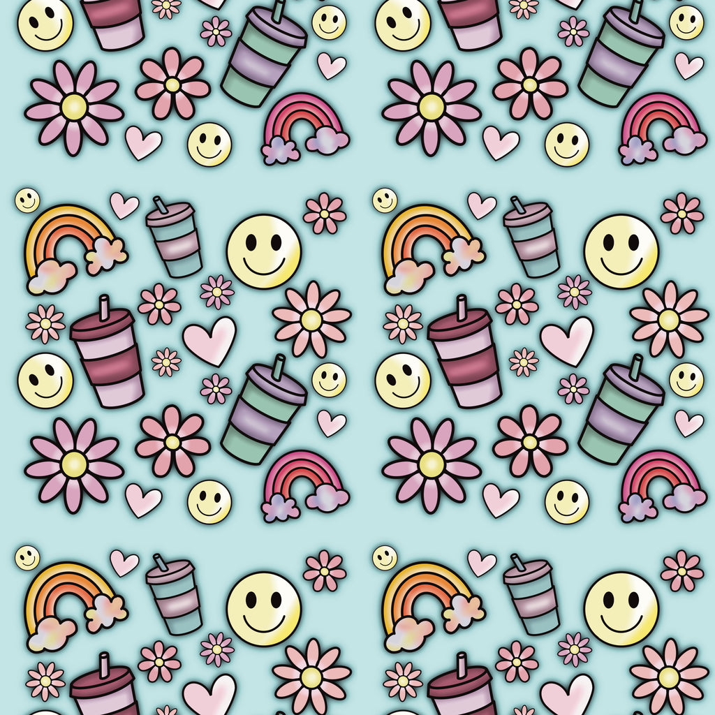 Retro Smiley Face & Rainbow Seamless Pattern | Cute Digital Paper, Kawaii Flowers, Pastel Hearts, 90s Aesthetic, Instant Download