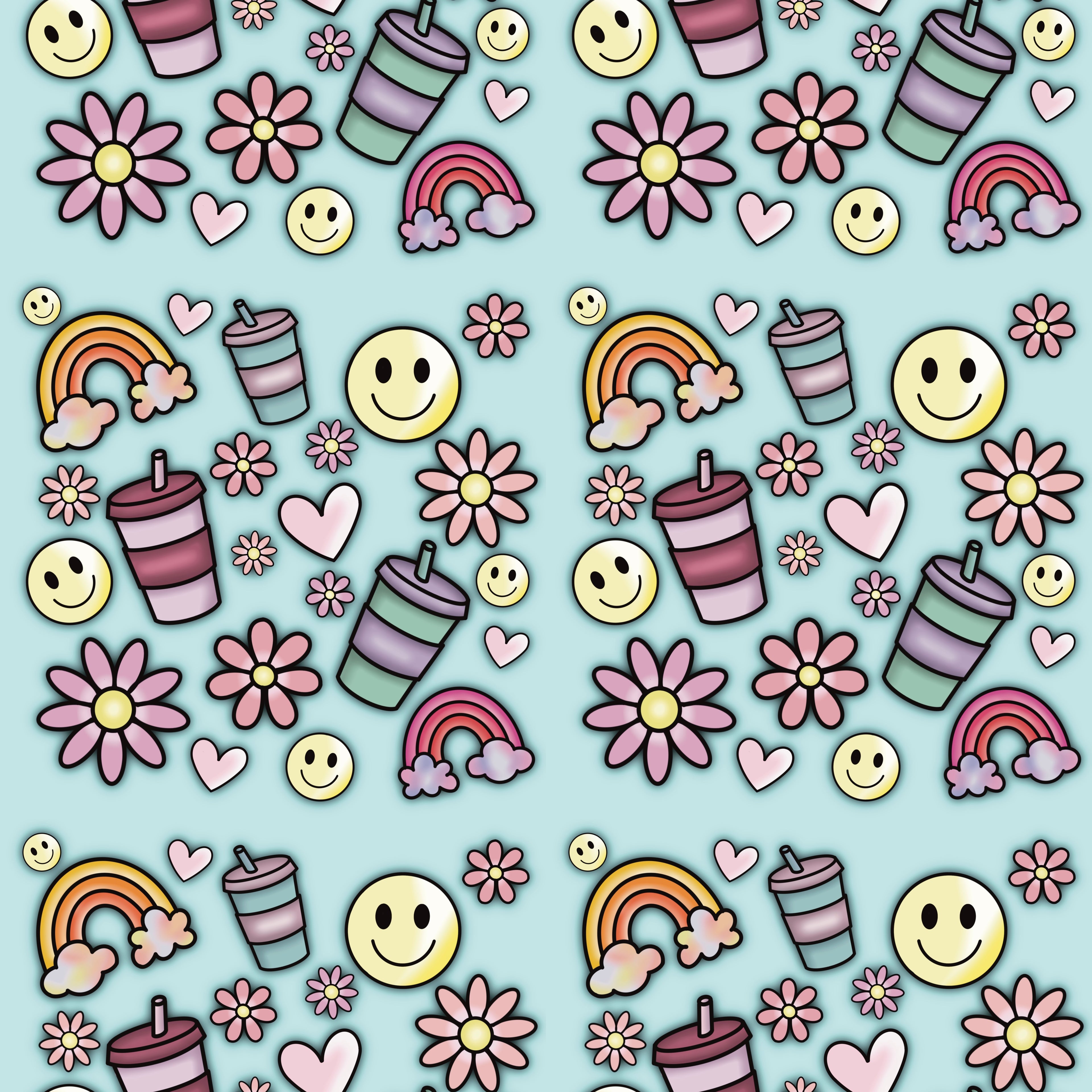 Retro Smiley Face & Rainbow Seamless Pattern | Cute Digital Paper, Kawaii Flowers, Pastel Hearts, 90s Aesthetic, Instant Download