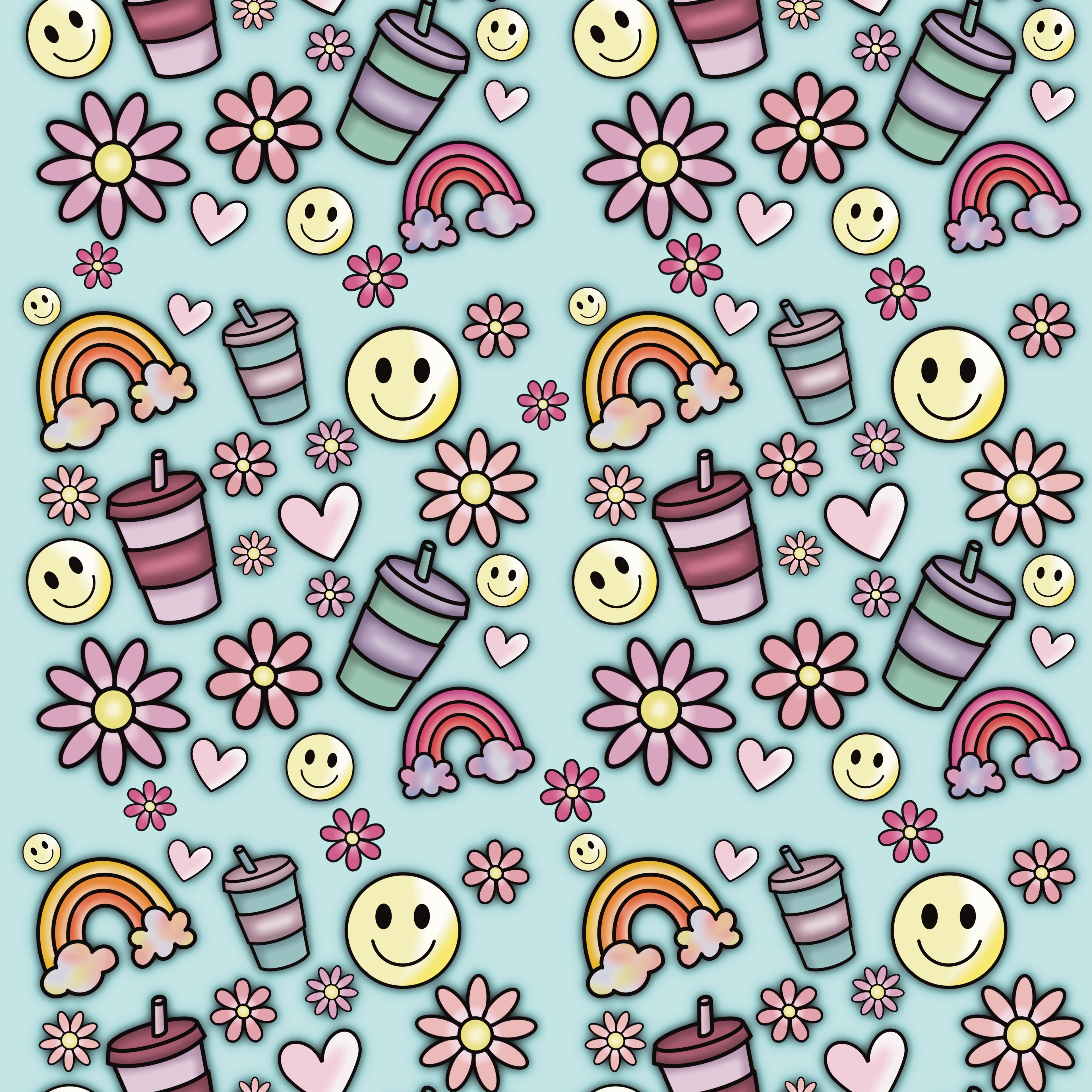 Retro Smiley Face & Rainbow Seamless Pattern | Cute Digital Paper, Kawaii Flowers, Pastel Hearts, 90s Aesthetic, Instant Download