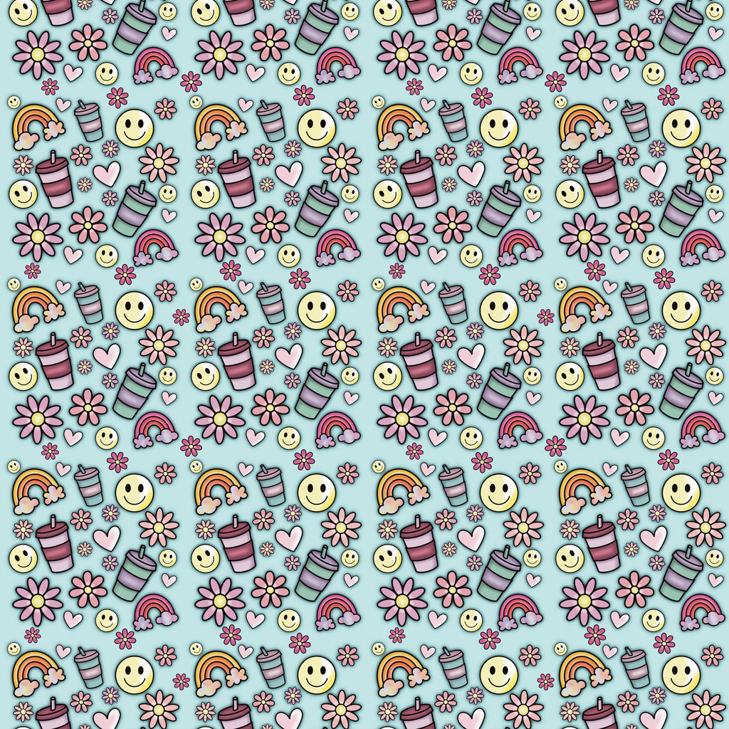 Retro Smiley Face & Rainbow Seamless Pattern | Cute Digital Paper, Kawaii Flowers, Pastel Hearts, 90s Aesthetic, Instant Download