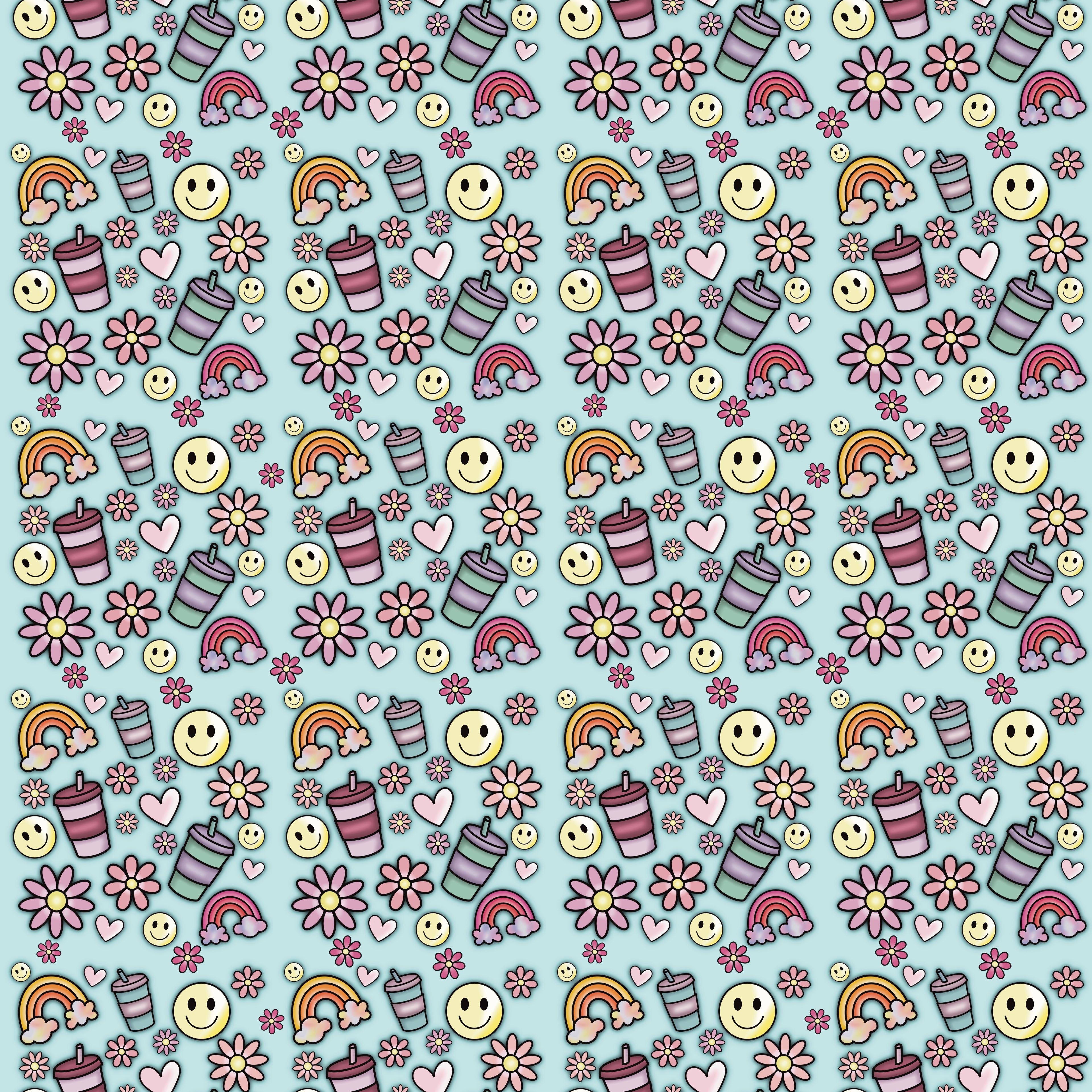 Retro Smiley Face & Rainbow Seamless Pattern | Cute Digital Paper, Kawaii Flowers, Pastel Hearts, 90s Aesthetic, Instant Download