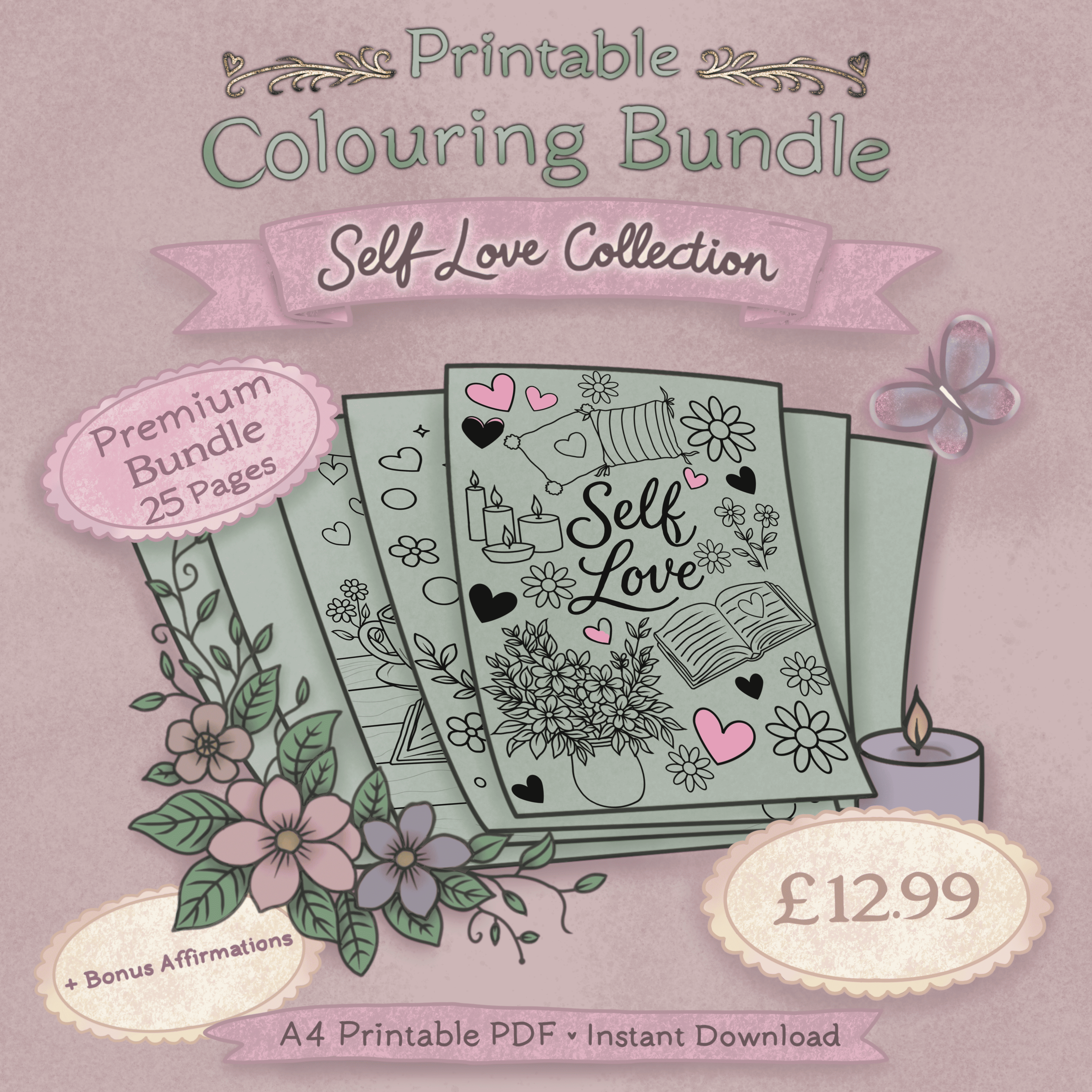Self Love Colouring Bundle – Premium Edition (25 Pages + Bonus Affirmations)
